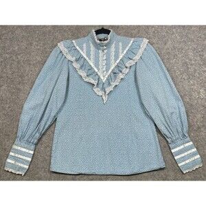 Frontier Classics Western Blouse Womens S Blue Puff Sleeve Lace Cottagecore Top